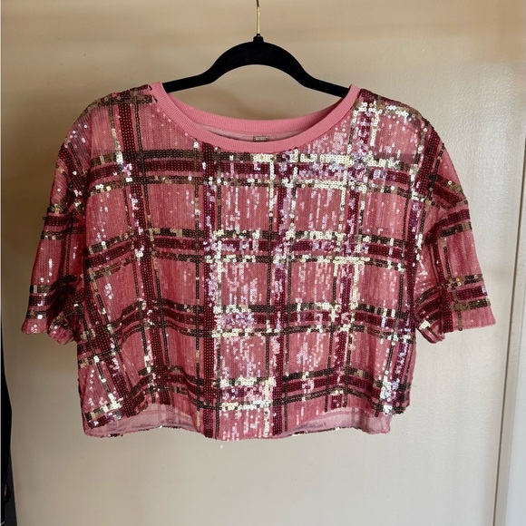 Free People Make it Easy sequins Tee size XS boxy crop - Picture 1 of 8
